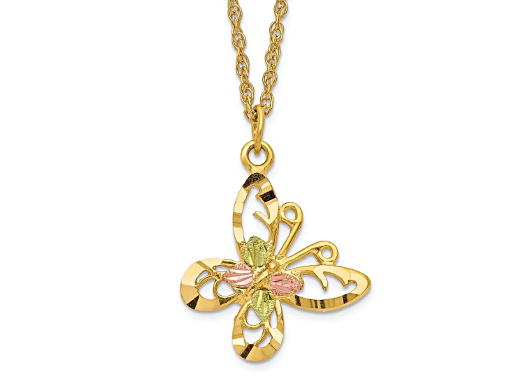10k Yellow Gold With 12k Rose Gold and 12k Green Gold Accent Butterfly Pendant With 18 Inch Chain