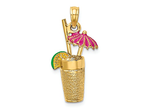14k Yellow Gold Textured Cocktail Drink with Fuschia Enamel Umbrella and Lime Pendant