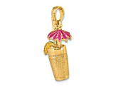 14k Yellow Gold Textured Cocktail Drink with Fuschia Enamel Umbrella and Lime Pendant