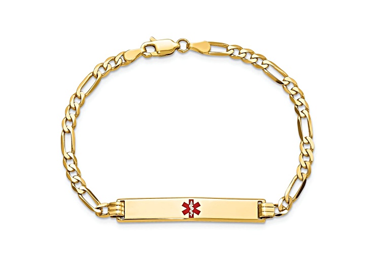 14k Yellow Gold Medical Red Enamel Flat Figaro Link ID Bracelet