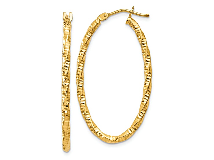 14k Yellow Gold Diamond-cut 1 3/8" Oval Hoop Earrings