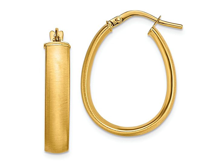 14k Yellow Gold 7/8" Satin and Polished Teardrop Hoop Earrings