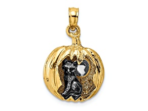 14k Two-tone Gold 3D Jack-o-Lantern w/Enamel Black Cat and Moon Charm