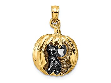 Picture of 14k Two-tone Gold 3D Jack-o-Lantern w/Enamel Black Cat and Moon Charm
