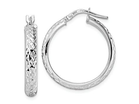 Rhodium Over 14k White Gold Diamond-Cut 15/16" Hoop Earrings