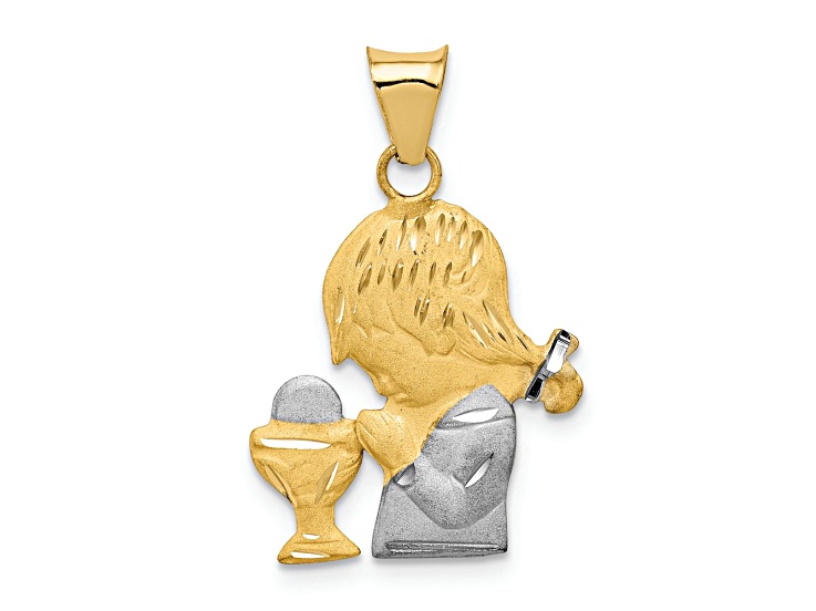 14k Yellow Gold and Rhodium Over 14k Yellow Gold Diamond-Cut Satin Girl Communion Pendant