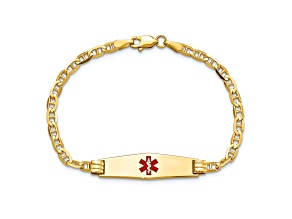 14k Yellow Gold Medical Soft Diamond Shape Red Enamel Mariner Link ID Bracelet