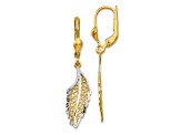 14K Yellow Gold With White Rhodium Polished/Textured Leaf Leverback Dangle Earrings