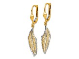 14K Yellow Gold With White Rhodium Polished/Textured Leaf Leverback Dangle Earrings
