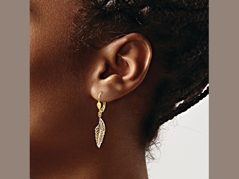 14K Yellow Gold With White Rhodium Polished/Textured Leaf Leverback Dangle Earrings