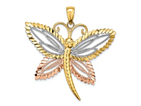 14K Tri-color Gold Dragonfly with Beaded Diamond-Cut Wings Charm