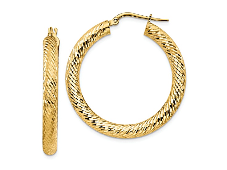 14k Yellow Gold 1 3/8" Diamond-Cut Round Hoop Earrings