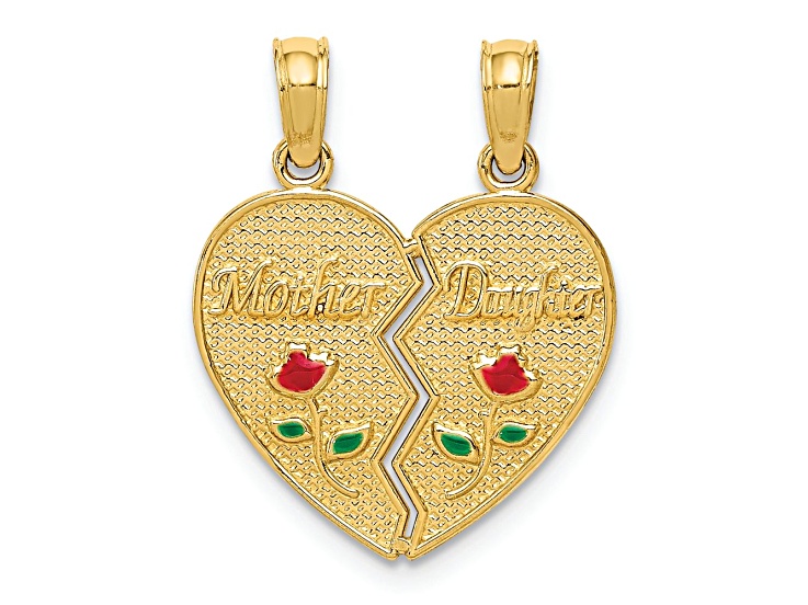 14k Yellow Gold Textured Red and Green Enameled Mother-Daughter Break-apart Pendant