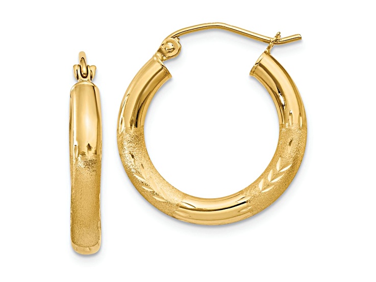 14k Yellow Gold 13/16" Satin and Diamond-Cut Round Hoop Earrings