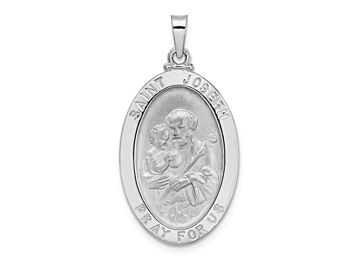 Rhodium Over 14k White Gold Polished and Satin Saint Joseph Oval Solid Medal Pendant