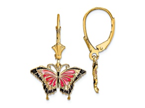 14k Yellow Gold Butterfly with Pink and Black Enameled Wings Dangle Earrings