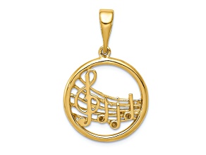 14k Yellow Gold Polished and Textured Musical Notes Circle Pendant