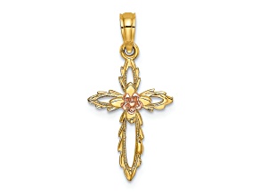 14k Two-tone Gold Textured Cross with Cut-Out Flower Charm