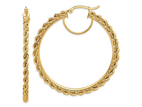 10k Yellow Gold 1 15/16" Polished and Diamond-Cut Rope Hoop Earrings