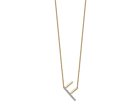 14k Yellow Gold and Rhodium Over 14k Yellow Gold Sideways Diamond Initial F Pendant 18 Inch Necklace