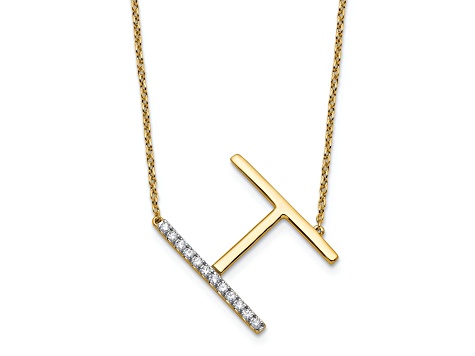 14k Yellow Gold and Rhodium Over 14k Yellow Gold Sideways Diamond Initial H Pendant 18 Inch Necklace