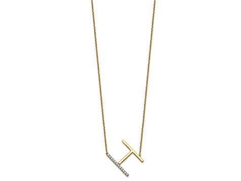 14k Yellow Gold and Rhodium Over 14k Yellow Gold Sideways Diamond Initial H Pendant 18 Inch Necklace