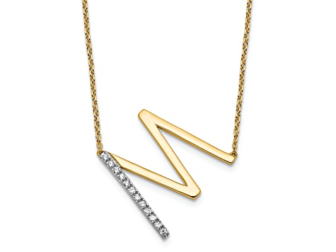 14k Yellow Gold and Rhodium Over 14k Yellow Gold Sideways Diamond Initial M Pendant 18 Inch Necklace