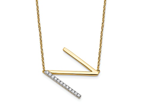 14k Yellow Gold and Rhodium Over 14k Yellow Gold Sideways Diamond Initial N Pendant 18 Inch Necklace