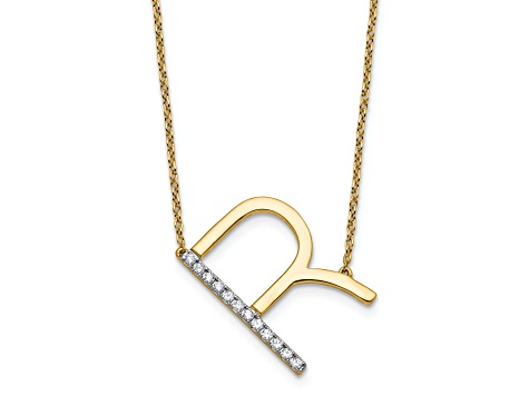 14k Yellow Gold and Rhodium Over 14k Yellow Gold Sideways Diamond Initial R Pendant 18 Inch Necklace