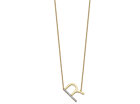 14k Yellow Gold and Rhodium Over 14k Yellow Gold Sideways Diamond Initial R Pendant 18 Inch Necklace