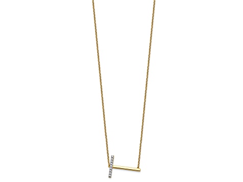 14k Yellow Gold and Rhodium Over 14k Yellow Gold Sideways Diamond Initial T Pendant 18 Inch Necklace