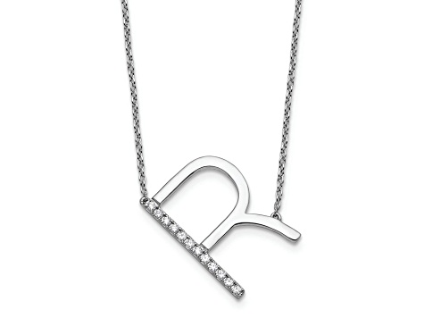 Rhodium Over 14k White Gold Sideways Diamond Initial R Pendant Cable Link 18 Inch Necklace