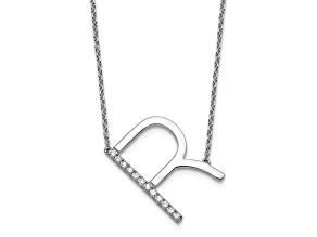 Rhodium Over 14k White Gold Sideways Diamond Initial R Pendant Cable Link 18 Inch Necklace