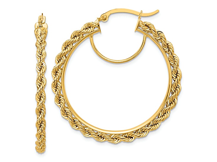 10k Yellow Gold 1 9/16" Polished and Diamond-Cut Rope Hoop Earrings