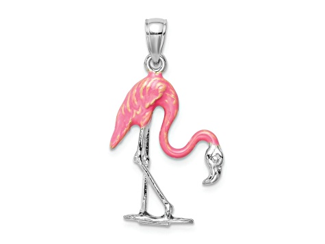 Rhodium Over 14k White Gold 3D Enameled Pink Flamingo Pendant