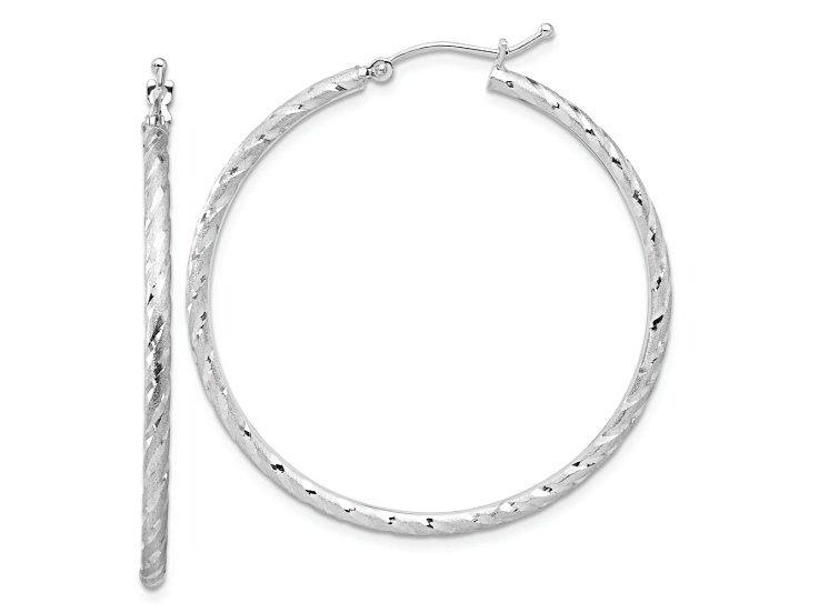Rhodium Over 14k White Gold Polished, Satin and Diamond-Cut 1 5/8" Hoop Earrings