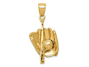Picture of 14k Yellow Gold 3D Polished and Textured Glove/Bat/Baseball Pendant