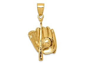 14k Yellow Gold 3D Polished and Textured Glove/Bat/Baseball Pendant