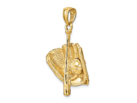 14k Yellow Gold 3D Polished and Textured Glove/Bat/Baseball Pendant