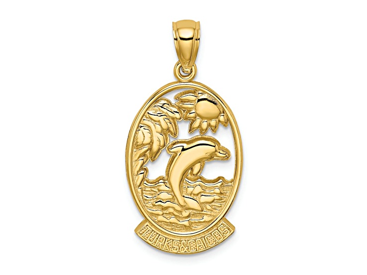 14k Yellow Gold Textured Turks and Caicos with Dolphin Sunset Scene Charm