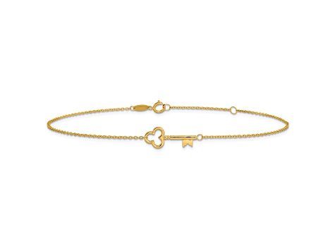 14K Yellow Gold Polished Key Anklet with 1-inch Extension