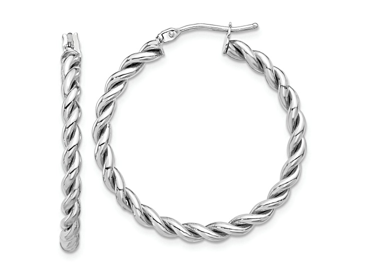 Rhodium Over 14K White Gold 1 1/4 inch Polished Twist Hoop Earrings