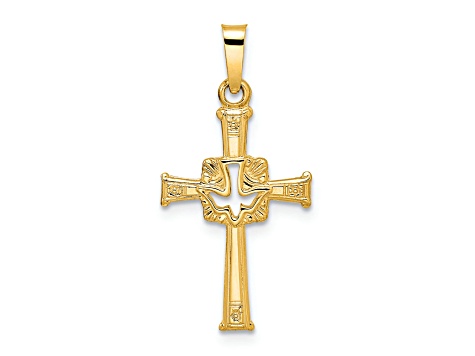 14K Yellow Gold Polished Cut Out Solid Dove Cross Pendant