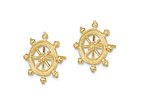 14k Yellow Gold Textured 15.8mm Ship's Wheel Stud Earrings