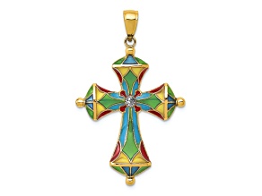 14k Yellow Gold Multi-Color Enamel Cross Pendant