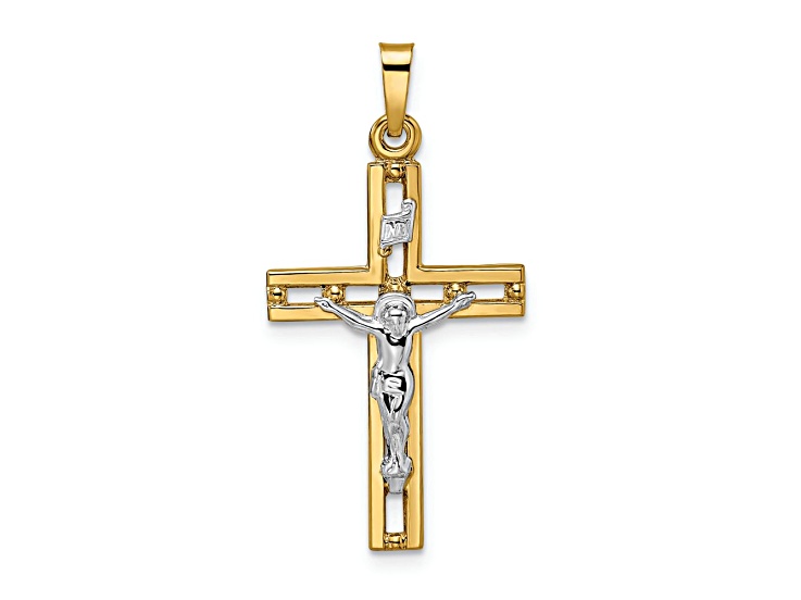 14K Two-tone Gold Solid Polished INRI Crucifix Pendant