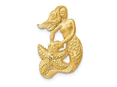 14k Yellow Gold Satin and Diamond-Cut Open-Backed Mermaid Pendant