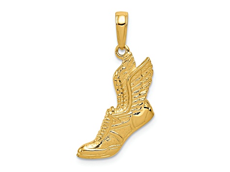 14k Yellow Gold Polished and Textured Running Shoe with Wings Pendant