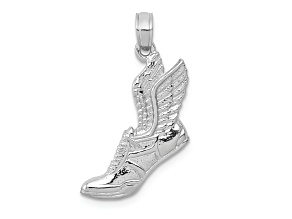 Rhodium Over 14k White Gold Polished and Textured Running Shoe with Wings Pendant