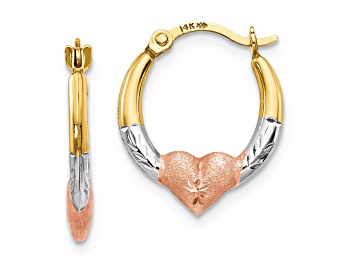 Picture of 14K Yellow Gold with Rose and White Rhodium Heart Hoop Earrings